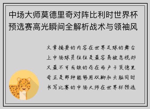 中场大师莫德里奇对阵比利时世界杯预选赛高光瞬间全解析战术与领袖风采