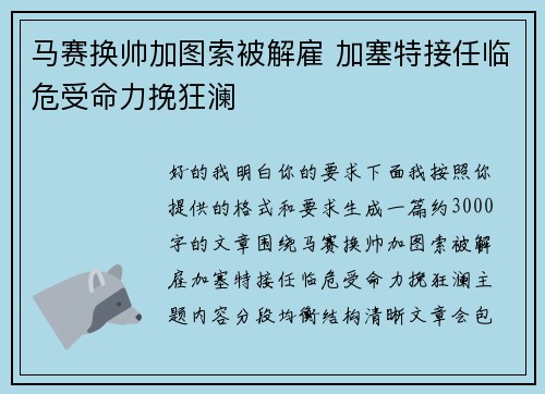 马赛换帅加图索被解雇 加塞特接任临危受命力挽狂澜