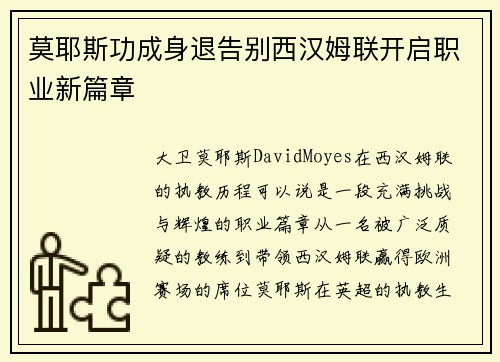 莫耶斯功成身退告别西汉姆联开启职业新篇章